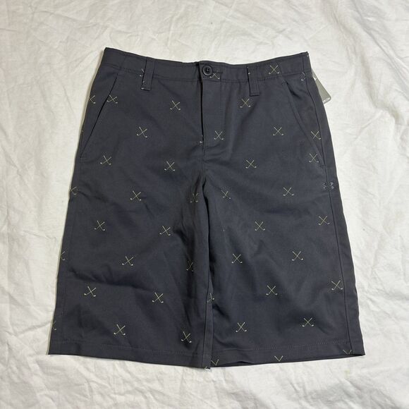 Under Armour UA Golf Shorts Boys Youth Golf Clubs Print Navy Gray Size 14 New - Picture 1 of 4